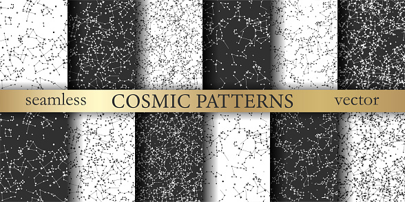 Collection of stars patterns. Vector stellar constellation set. Cosmic pattern. Space zodiacal universe background set. Astronomy Astrology objects pack. For design, wrapping, textile, cover etc.