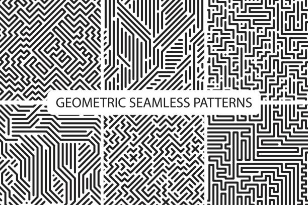 Collection of striped seamless geometric patterns. Digital backgrounds. Collection of striped seamless geometric patterns. Black and white texture. Digital backgrounds. maze patterns stock illustrations