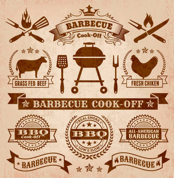 Collection of summer barbecue images An illustration featuring graphics for a barbecue cook-off.  The background of the image is a light shade of a paper brown, while the graphics are darker brown.  The center is taken up by a brown banner reading "barbecue cook-off" in white letters.  Surrounding this banner, to the bottom, are three seals reading the same thing.  Below these seals are two more barbecue banners.  Above the centered banner is an image of a grill and two tools.  Beside the grill are two stamps, one of a cow and another of a chicken.   Above this is another banner and two crossed stamps depicting a poker and a spatula. cooking competition stock illustrations
