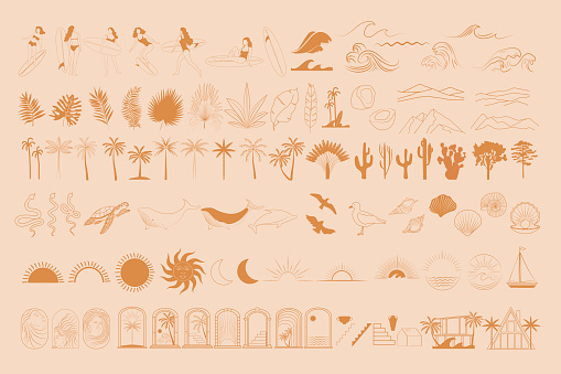 Collection of Summer Sea linear symbols, icons design. Sun, sea waves, palm. surfer, sea animals, moon, landscape. Editable Vector Illustration.