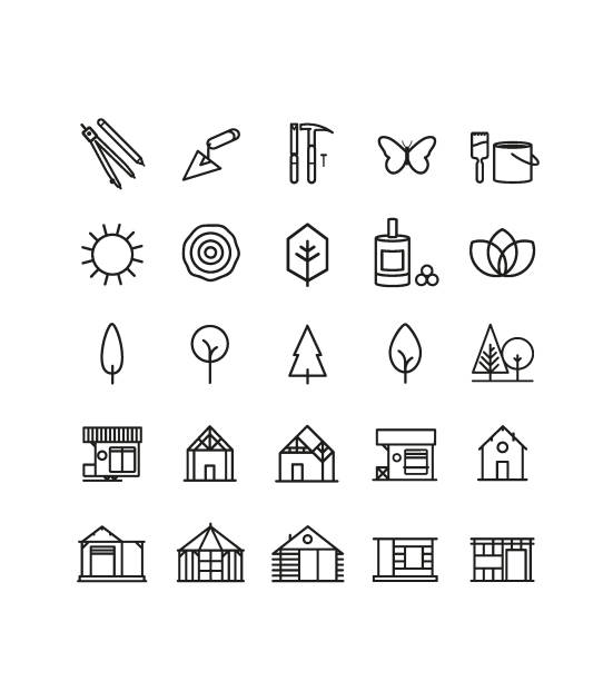 ilustraciones, imágenes clip art, dibujos animados e iconos de stock de colección de símbolos para artesanos de madera, picto y símbolos para la señalización - airbnb