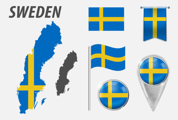 瑞典。在白色背景上隔離的各種物件上以顏色收集符號，以國旗形式。國旗，指標，按鈕，揮舞和懸掛的旗幟，詳細的輪廓圖和國旗內國家。 - sweden 幅插畫檔、美工圖案、卡通及圖標