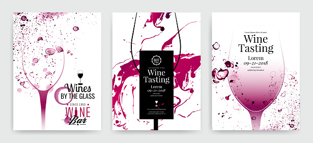 Collection of templates with wine designs. Brochures, posters, invitation cards, promotion banners, menus. Background effect wine drops.