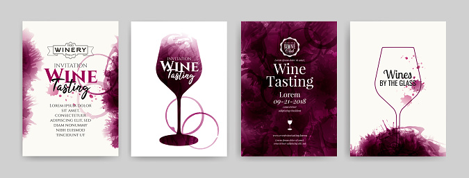 Collection of templates with wine designs. Elegant wine glass illustration. Brochure, poster, invitation card, promotion banner, menu, list, cover. Wine stains backgrounds.