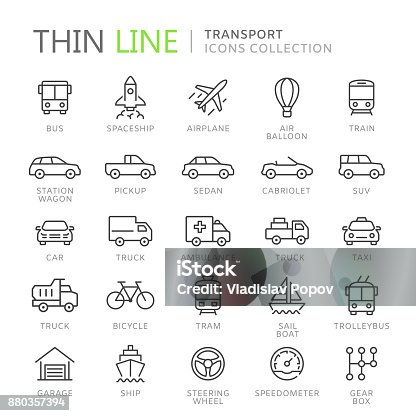 istock Collection of transport thin line icons 880357394