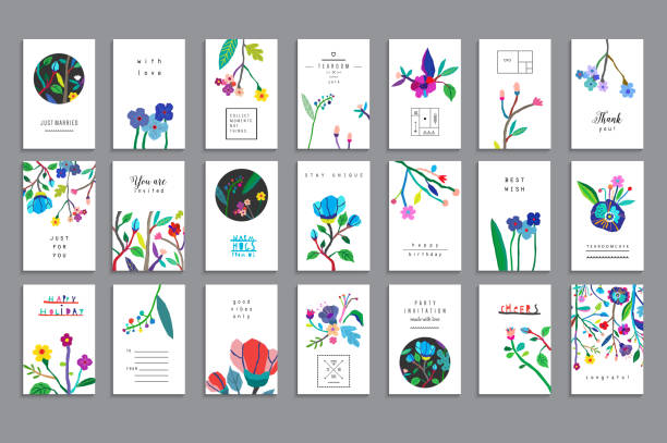 ilustrações, clipart, desenhos animados e ícones de coleção de cartões incomum com flores naturais de papel - card mockup