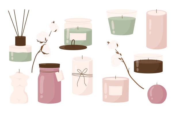 collection of various trendy candles. different sizes and shapes with branches of cotton. decorative wax candles for aromatherapy and relax. cartoon vector illustration - 燭 幅插畫檔、美工圖案、卡通及圖標