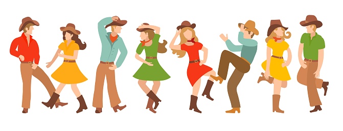 Collection of vector illustrations with pairs of country dancers. Blondites in colorful traditional clothes dance in the American style. Design or poster for cowboy party, western dance school, team logo.