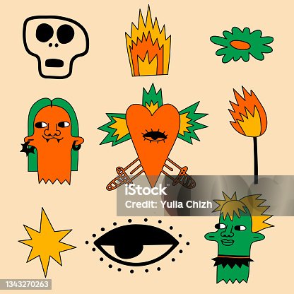 istock collection of vector psychedelic stickers for Halloween - zombie, flower,  witch, fire, eye, face,dagger.Modern magic and mysticism.Punk rock tattoo in the style of the 70s.Hand drawn style 1343270263