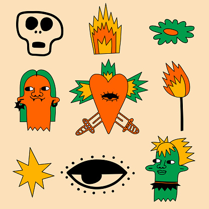 collection of vector psychedelic stickers for Halloween - zombie, flower,  witch, fire, eye, face,dagger.Modern magic and mysticism.Punk rock tattoo in the style of the 70s.Hand drawn style