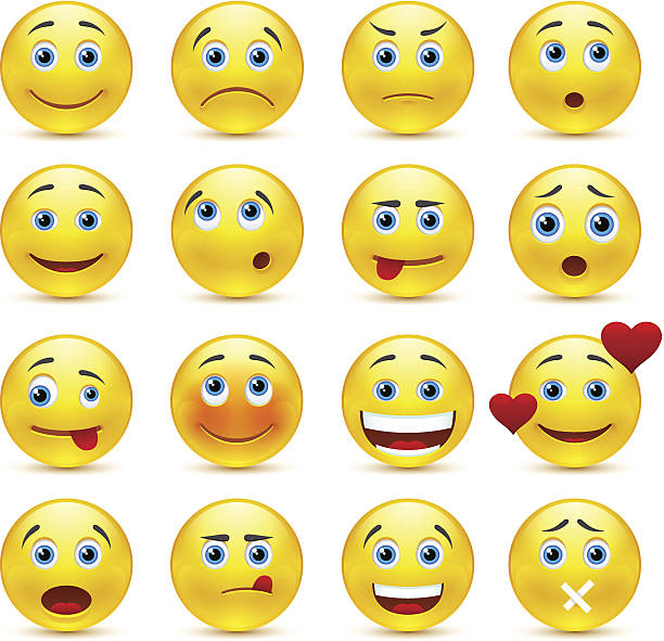 Collection of vector smilies with different emotions Vector emotional face icons stick out tongue emoji stock illustrations