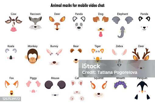 istock A collection of video chat application effects. A bunch of cute and funny faces or masks of various animals. Colorful vector illustration 1257539172