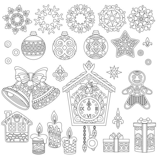 Collection of vintage Christmas decorations Christmas decorations. Collection of beautiful holiday ornaments for New Year greeting card or adult coloring book page. gingerbread man coloring page stock illustrations