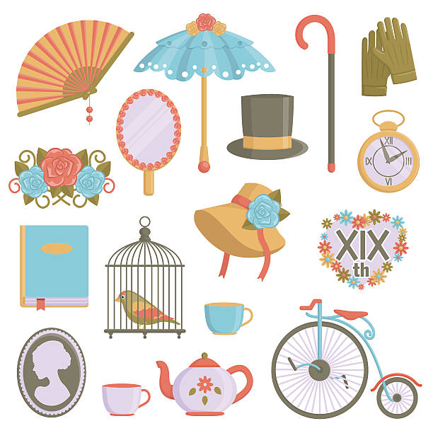 Collection of vintage victorian era items A collection of vintage victorian era items. Flat illustrations of personal accessories, everyday use items and innovations that symbolize 19th century culture. cameo brooch stock illustrations