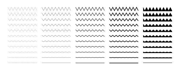 koleksi garis bergelombang atau zigzag. horisontal gelombang garis tipis. garis putus-putus. warna hitam set besar. ilustrasi vektor. - berliku liku ilustrasi stok
