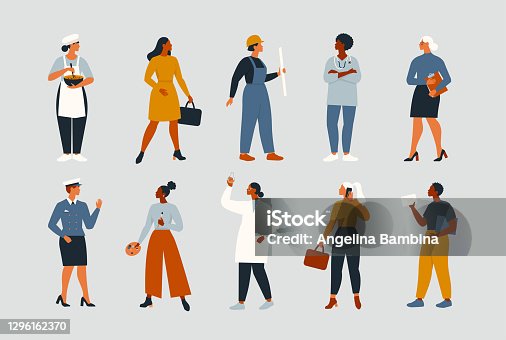 istock Collection of women people workers of various different occupations or profession wearing professional uniform set vector illustration. 1296162370