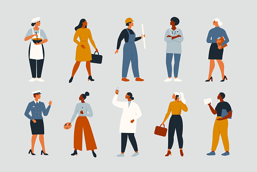 Collection of women people workers of various different occupations or profession wearing professional uniform set vector illustration.