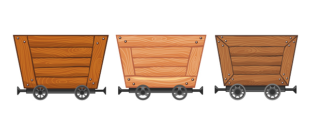 Collection of wooden empty mine carts. Cartoon mine trolleys. Vector design illustration isolated on white background