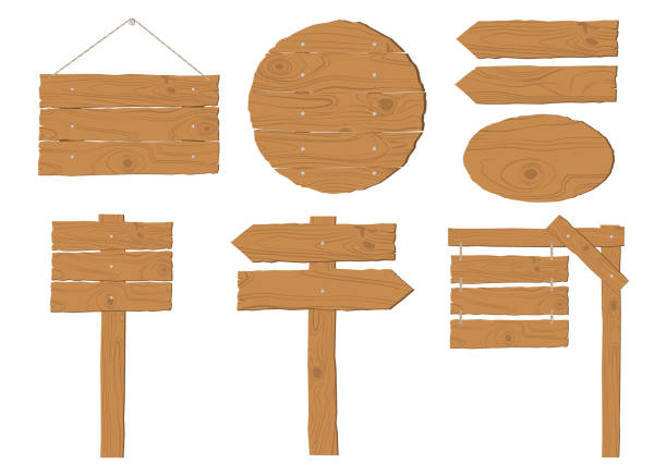stockillustraties, clipart, cartoons en iconen met collectie houten uithangbord vector set op witte achtergrond - plankje plant touw