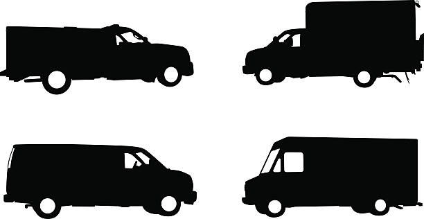 Collection of work trucks and service vehicles vector art illustration