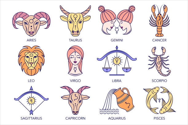 Collection of zodiac signs Collection of zodiac signs on white background. Line art icons. aquarius astrology sign stock illustrations