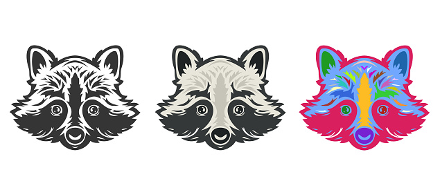 Collection raccoon head in hand drawn sketch style isolated on white background. Modern graphic design element for label or poster. Vector art illustration.