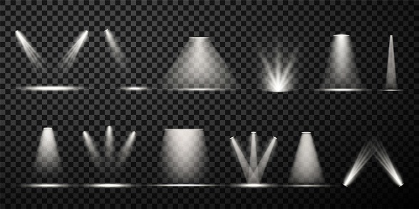 Collection realistic white light from spotlight vector illustration. Set of different glowing lights effect with bright rays and beams isolated on black transparent background. Projector shining vivid