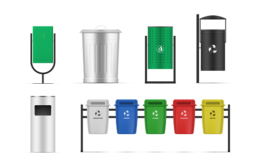 Collection realistic types of street trash cans template vector illustration