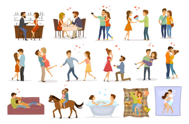ilustrações de stock, clip art, desenhos animados e ícones de collection set of couples in love on a date hug embrace kiss hold hand take bath, horse riding, giving flowers, marriage proposal, walk, sleep, eating in restaurant and drink in bar - sleeping couple