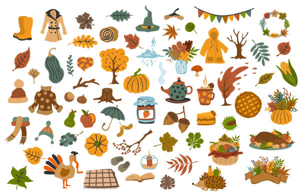 ilustraciones, imágenes clip art, dibujos animados e iconos de stock de sistema de la colección de artículos de temporada otoño otoño dibuja lindo gracias - thanksgiving food