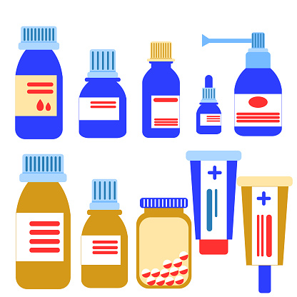 Collection with medicine bottles, jars and ointment tubes. Nasal drops. Throat spray. Pharmacy and health care. Medicine concept. Antibiotic therapy. Pneumonia and coronavirus treatment. COVID-19
