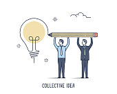 Abstract and symbolic presentation. Collective Idea. Business people trying draw one big light bulb. Outline vector illustration.