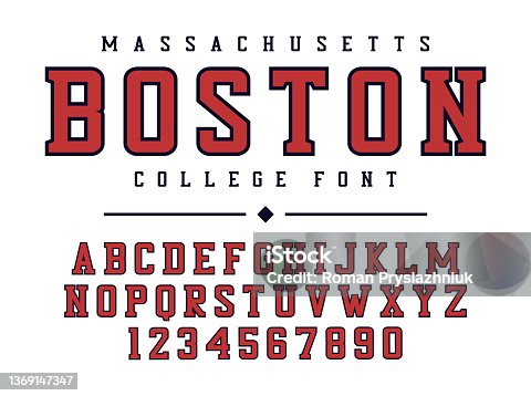 istock College or university alphabet. Original sport font with uppercase letters and numbers for sports logo, t-shirt. Vintage athletic style typeface. Vector 1369147347