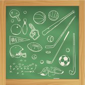 Sketchy chalk drawings of American sports equipment on wooden framed blackboard