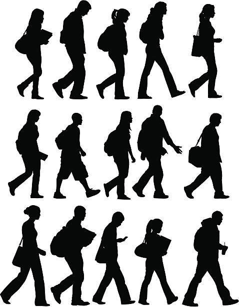 College Students A collection of 15 college students going to class. Seven male and eight female. education silhouettes stock illustrations