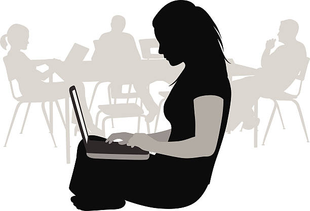 CollegeHomework A female student studies on her laptop. laptop silhouettes stock illustrations