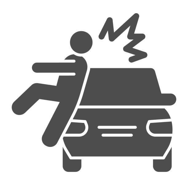 Collision with pedestrian solid icon. Vehicle knock down man with smash symbol, glyph style pictogram on white background. Car accident sign for mobile concept, web design. Vector graphics. Collision with pedestrian solid icon. Vehicle knock down man with smash symbol, glyph style pictogram on white background. Car accident sign for mobile concept, web design. Vector graphics warning sign illustrations stock illustrations