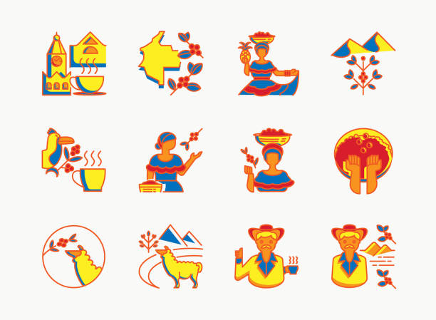 stockillustraties, clipart, cartoons en iconen met colombia koffie enkele oorsprong (colorline) - coffee illustration plukken