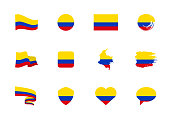 Colombia flag - flat collection. Flags of different shaped twelve flat icons. Vector illustration set