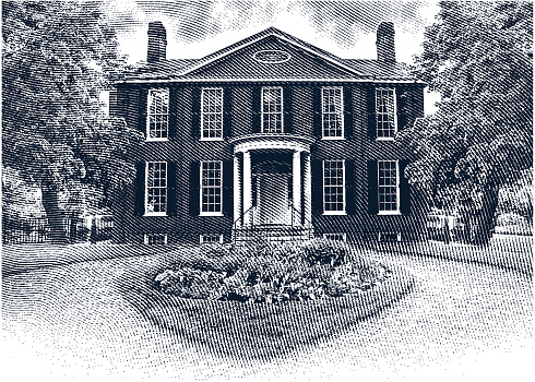 Etching illustration of a beautiful Colonial Home.