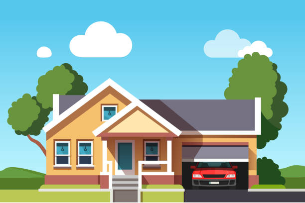 Colonial neo classical architecture style building. House with car garage template. Flat style vector Colonial neo classical architecture style mansion cottage building. Suburban house with car garage. Flat style vector illustration isolated on blue background car clipart stock illustrations