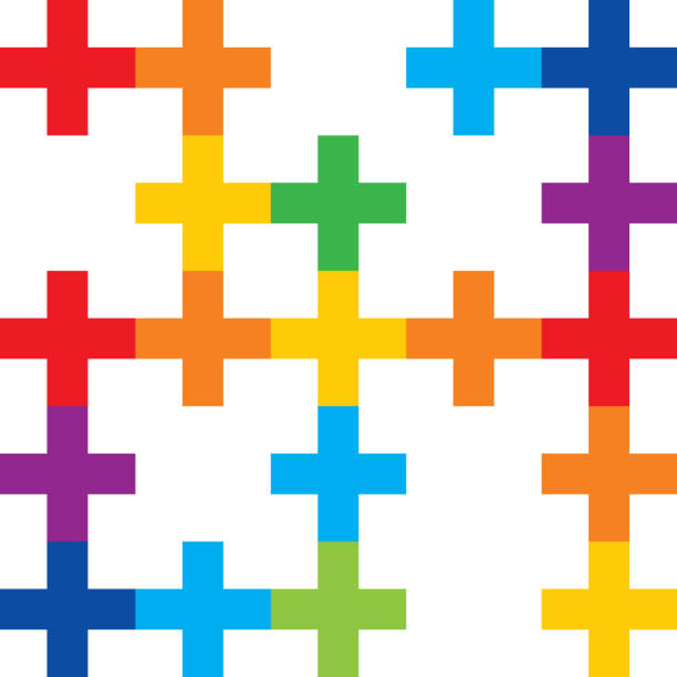 Color Abstract Crosses Seamless Pattern Vector seamless pattern of connected colorful crosses on a white background. plus sign stock illustrations