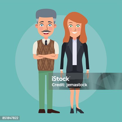 istock color background full body couple of young woman and elderly bald man with formal suit characters for business 851847822