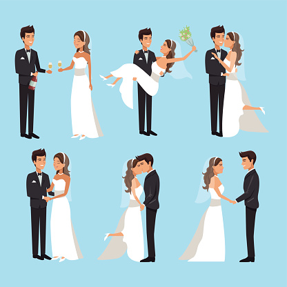 color background with scenes of newly married couple in different standing