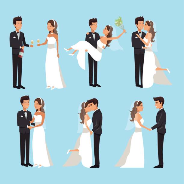 color background with scenes of newly married couple in different standing color background with scenes of newly married couple in different standing vector illustration bride stock illustrations