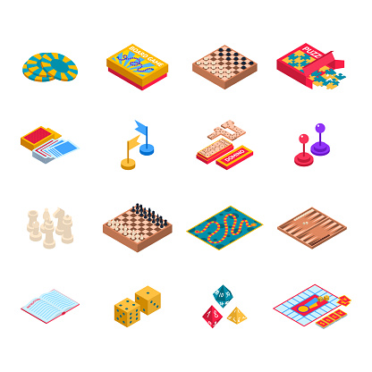 Color Board Games Icons Set 3d Isometric View Include of Domino, Chess, Dice and Puzzle. Vector illustration of Icon