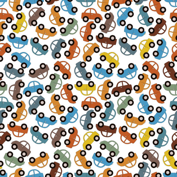 Color cartoon car. Seamless pattern background with color cartoon car. Toy transport vector illustration. Coloring cute automobile. car designs stock illustrations