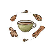 Color cartoon cup with isolated spices. Round doodle template for Masala tea with cinnamon, ginger, cardamom. Hand drawn vector food concept. Line art illustration for card, sticker, poster
