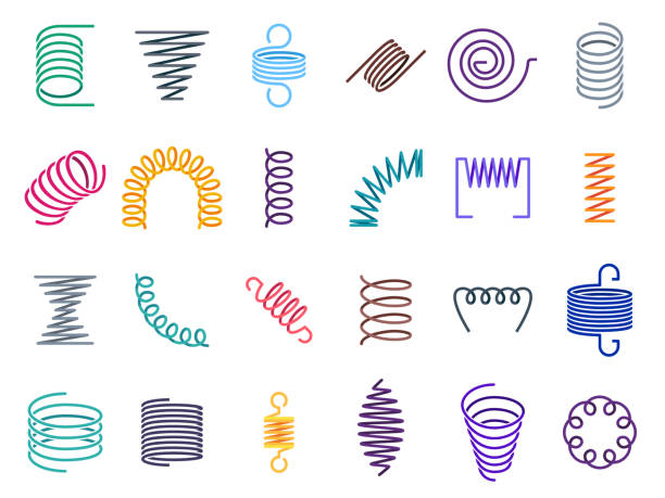 Color coil spirals. Metal coils, flexible wire springs and spiral spring vector icons set Color coil spirals. Metal coils, flexible wire springs and spiral spring. Vape coils, industrial flexibly absorber steel shrunk spirals equipment. Colorful isolated vector icons set flexibility stock illustrations