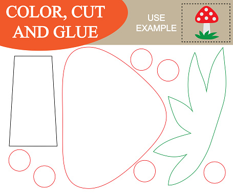 Color, cut and glue to create the image of mushroom (fly agaric). Educational game for children. Vector illustration.